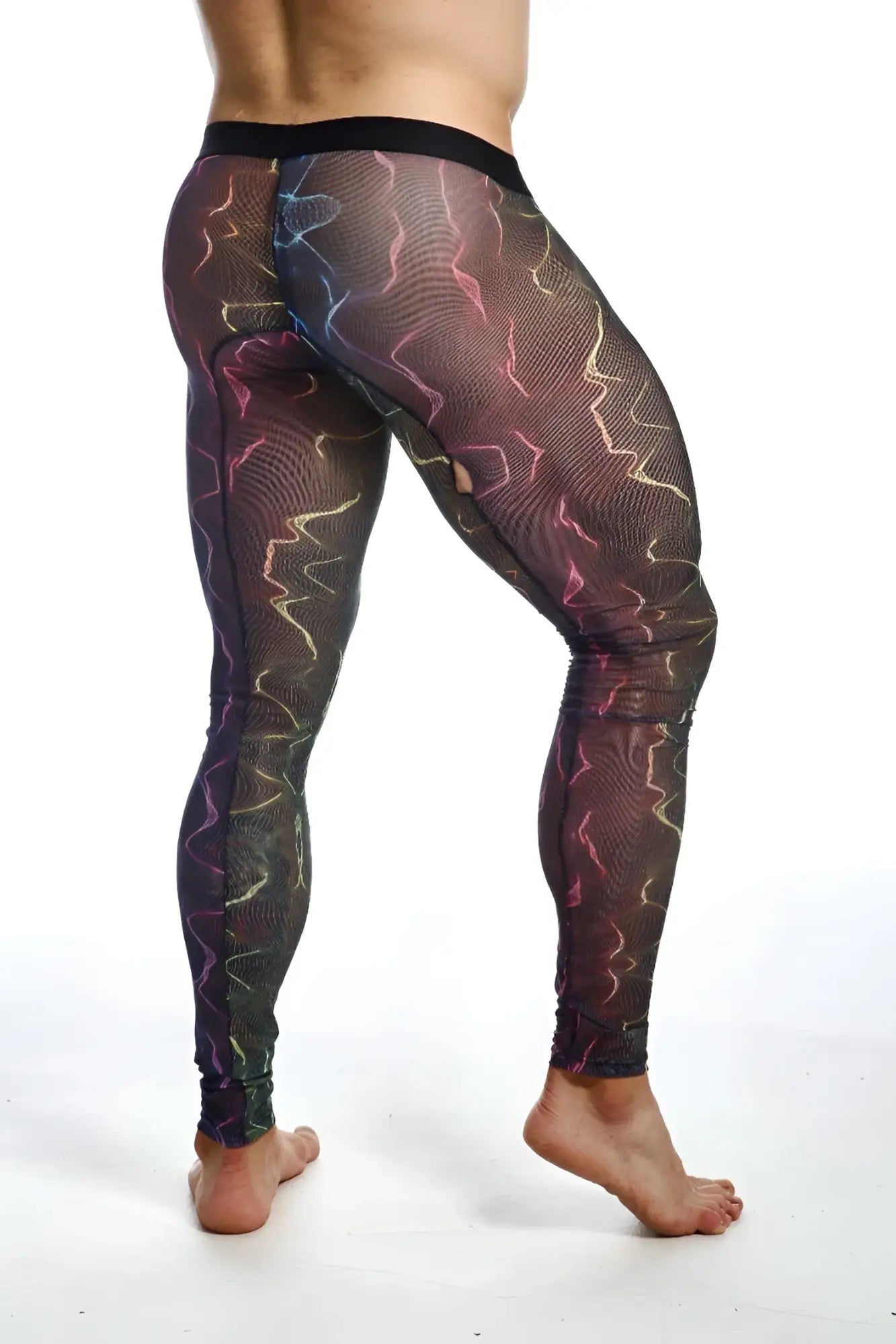 MOB mesh tights black mesh leggings with vibrant iridescent pink blue and gold lightning bolt pattern visible