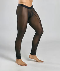 Black sheer mesh leggings with solid black waistband and ankle cuffs from mob mesh tights collection