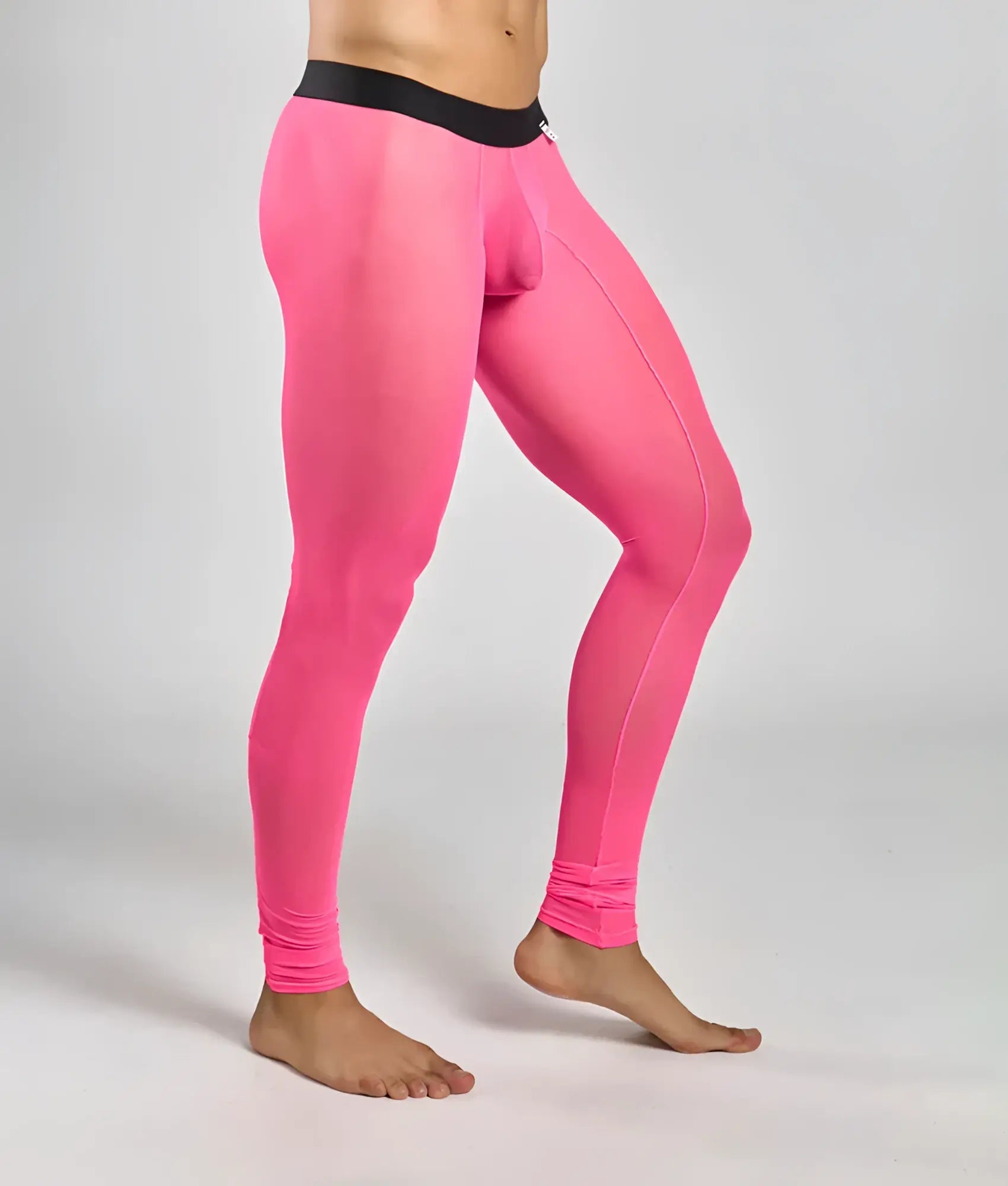 MOB mesh tights featuring bright pink sheer mesh leggings with a black elastic waistband
