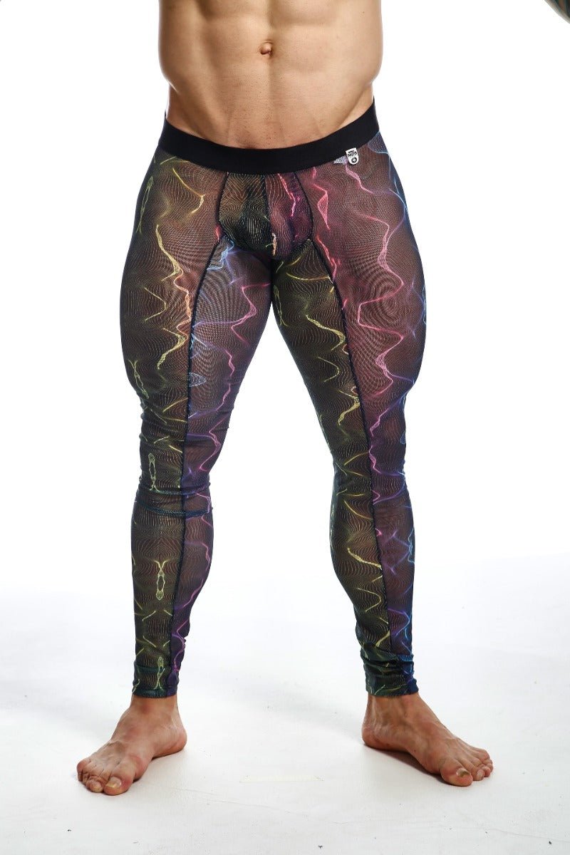Black mesh mob mesh tights leggings with vibrant iridescent purple pink and gold lightning bolt pattern