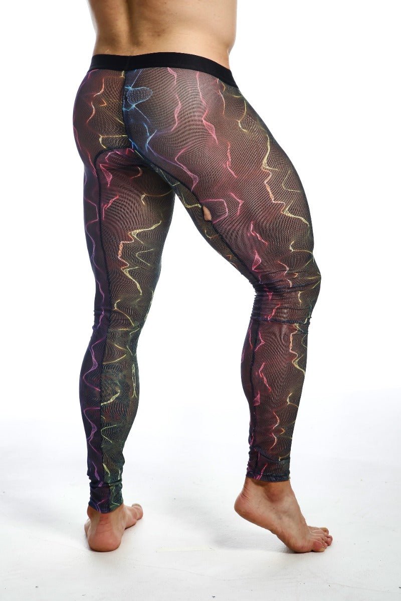 MOB mesh tights black mesh leggings with iridescent pink blue and gold lightning bolt pattern front view