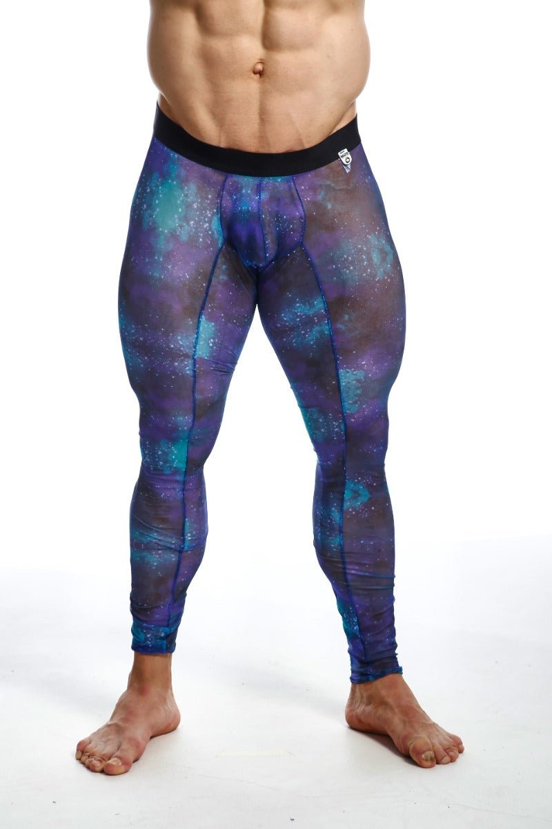 Purple and teal galaxy-patterned mesh compression tights with black waistband by MOB shown from the back side