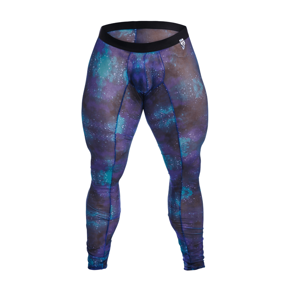 MOB Mesh Tights galaxy-patterned compression leggings in purple and teal with black waistband for active wear