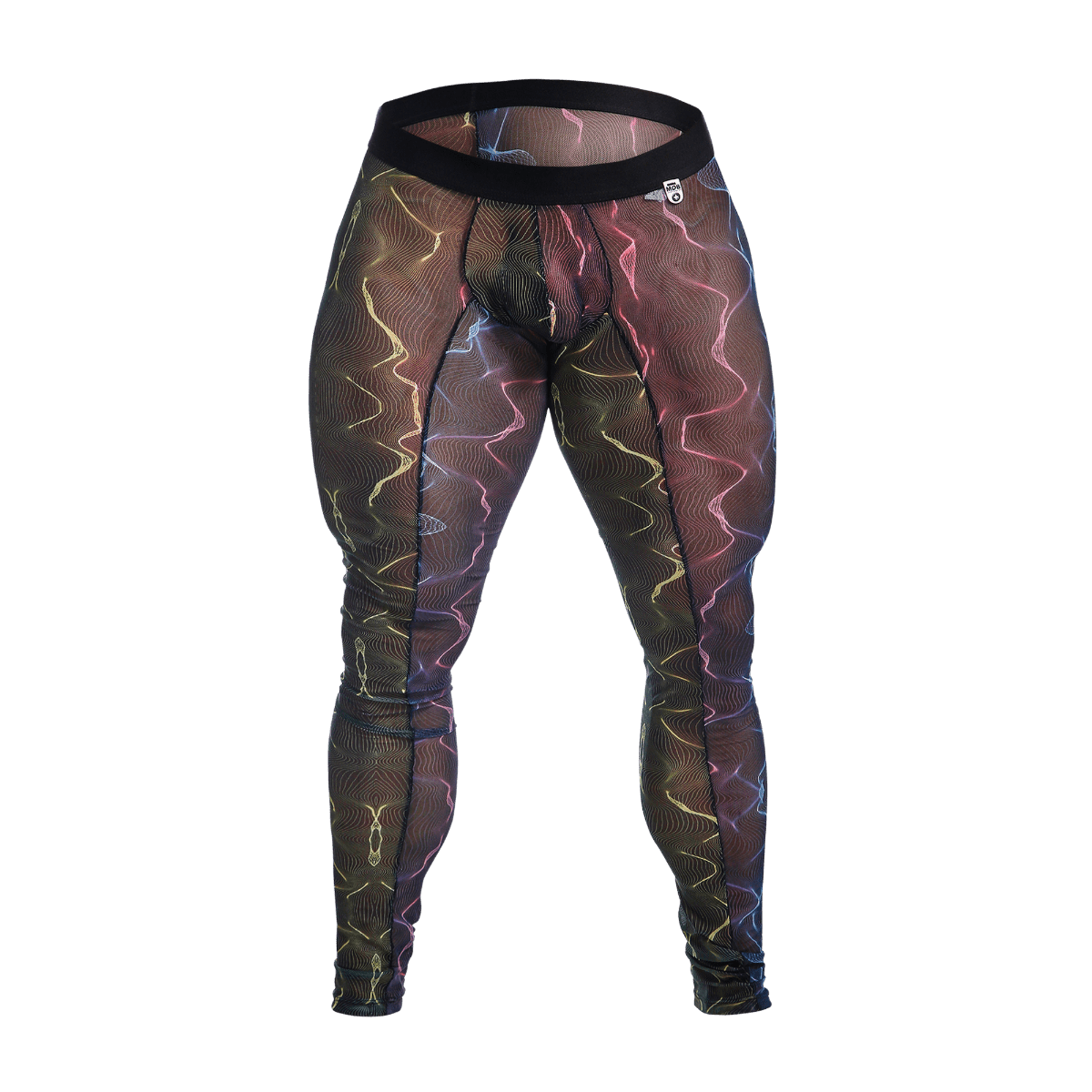 Black mesh MOB mesh tights with vibrant glowing neon wave pattern in pink yellow and blue