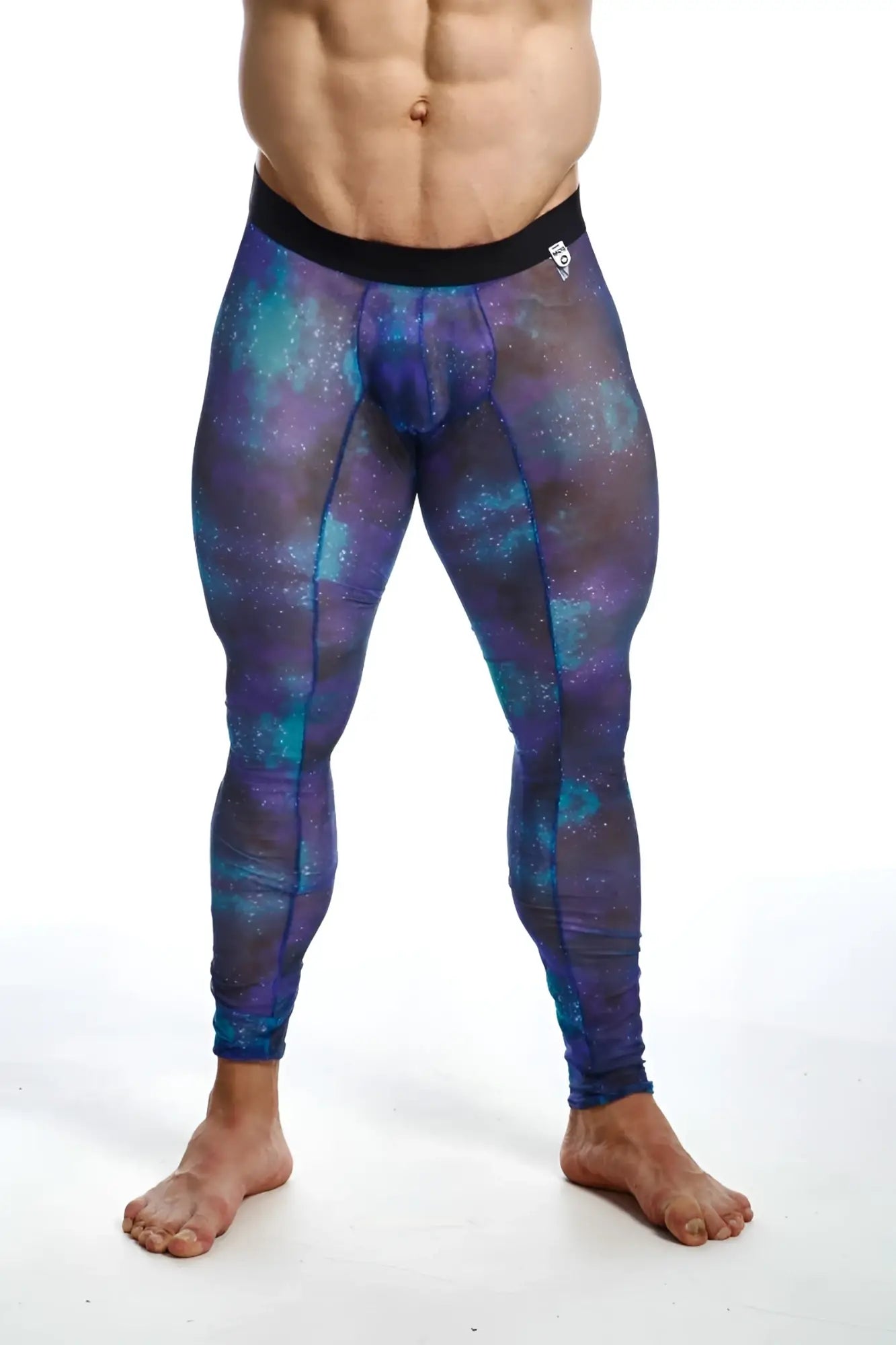 MOB mesh tights purple and teal galaxy-patterned compression leggings with black waistband for activewear