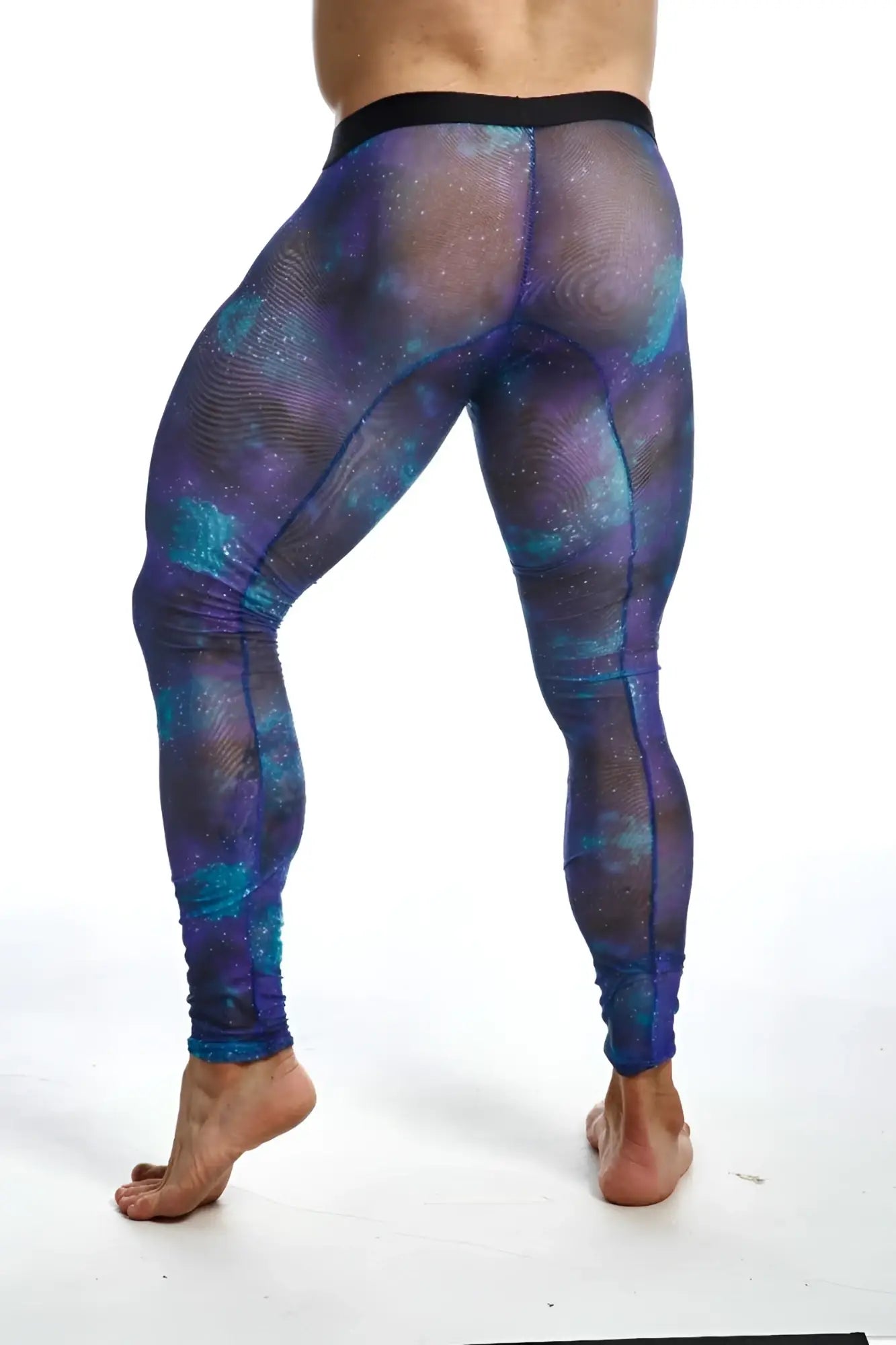 Purple and teal galaxy-patterned mesh leggings with black waistband from mob mesh tights front view