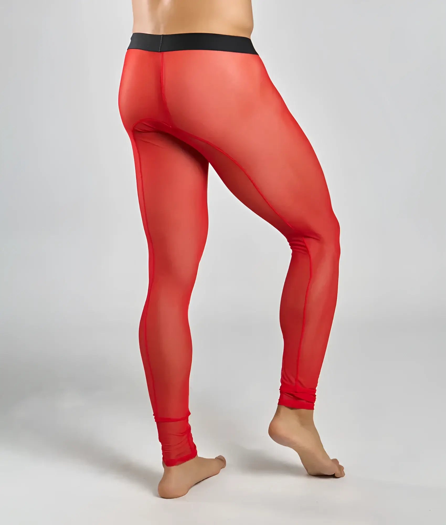 MOB mesh tights red sheer mesh leggings with black waistband showing front view for stylish activewear