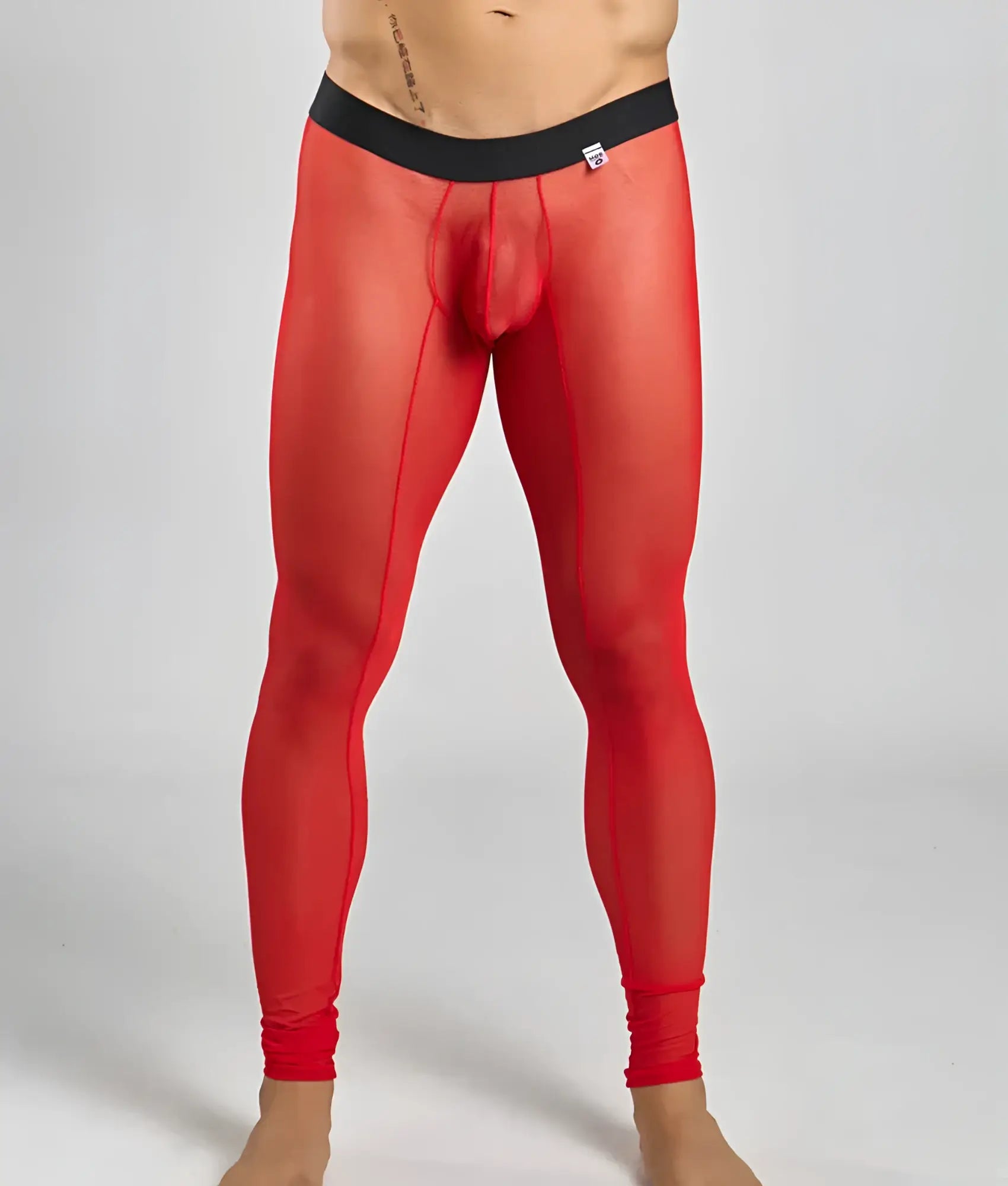 Red sheer mesh men’s leggings with black waistband from mob mesh tights showcasing breathable fabric and modern fit