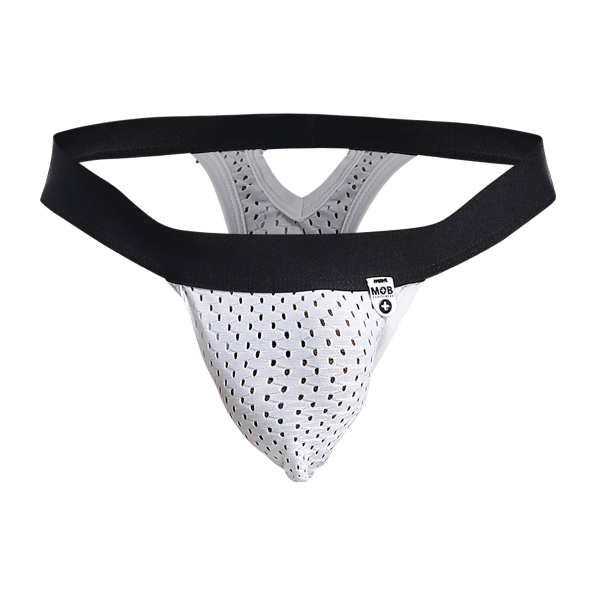 White perforated mesh athletic supporter with black elastic waistband and mob brand tag, showing back side of the mob mesh y thong