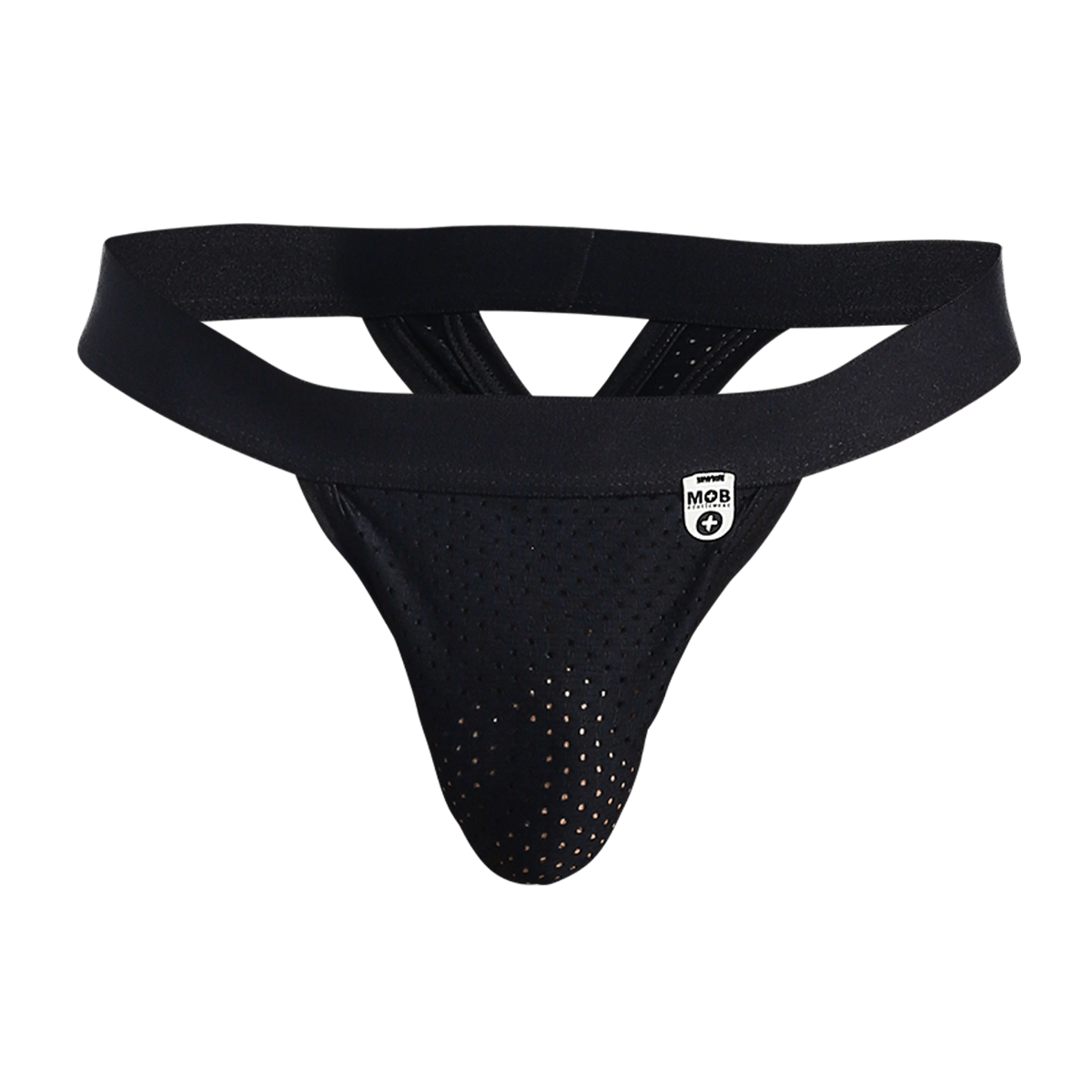 Black perforated athletic supporter mesh thong with wide elastic waistband and small white logo patch front view