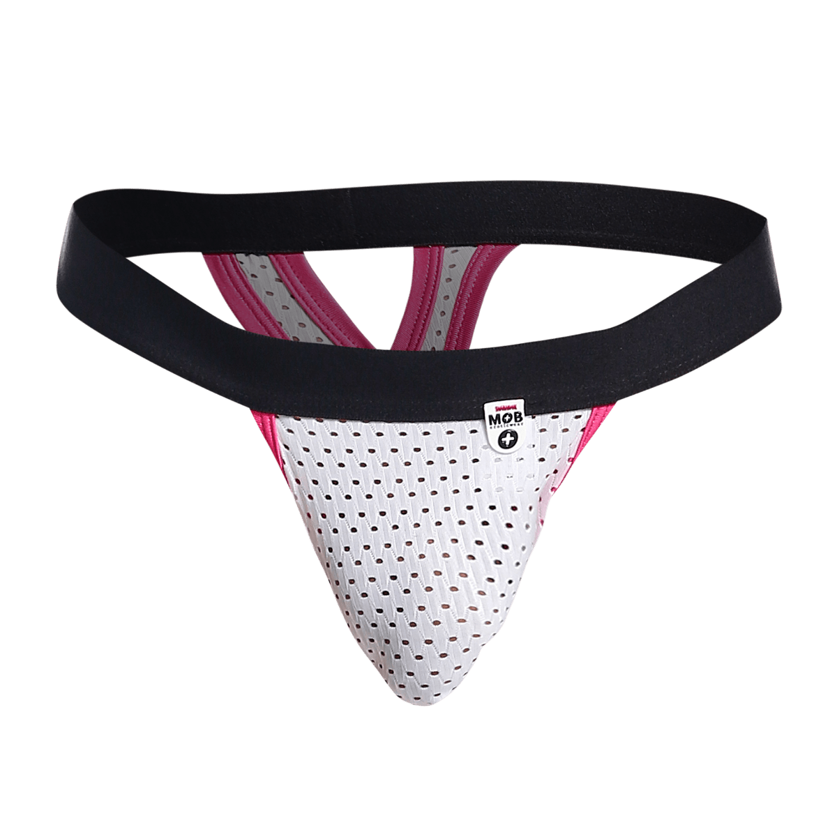 White perforated mob mesh y thong with black and pink trim and branded tag designed as an athletic supporter