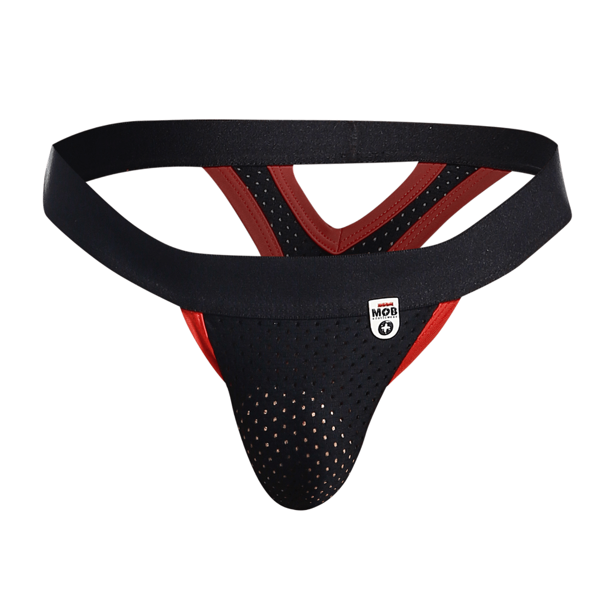 Black and red perforated mesh mob mesh y thong athletic supporter with branded logo patch visible on front side