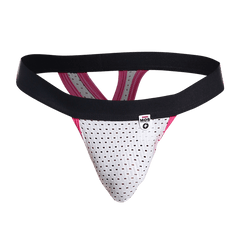 White perforated mob mesh y thong athletic supporter with black and pink trim and branded tag visible