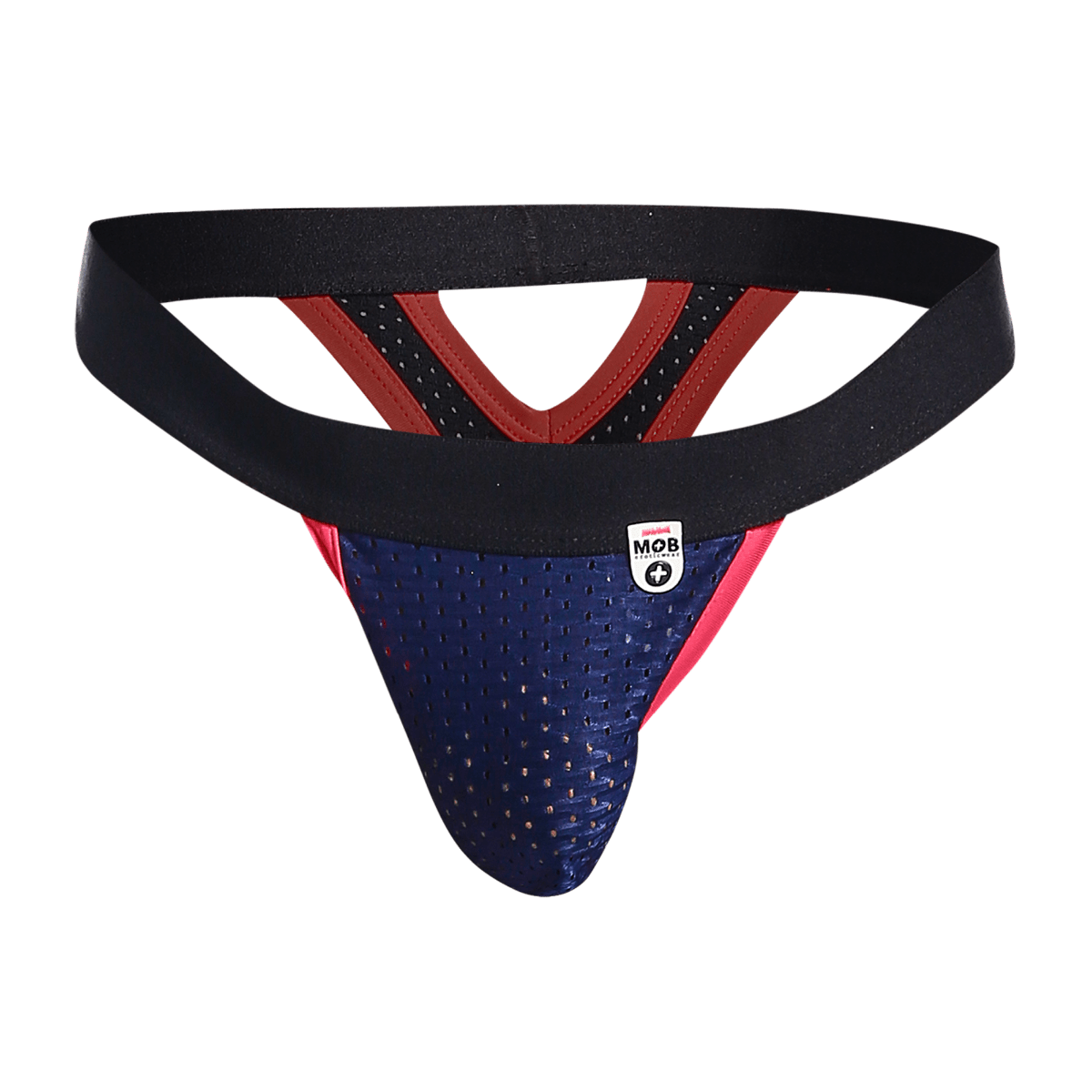 Blue and red perforated athletic supporter with black elastic waistband in mob mesh y thong design front view