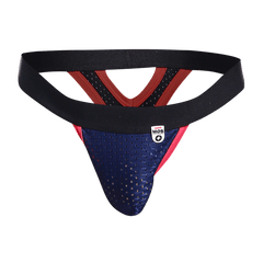 Blue and red perforated athletic supporter with black elastic waistband in mob mesh y thong design front view