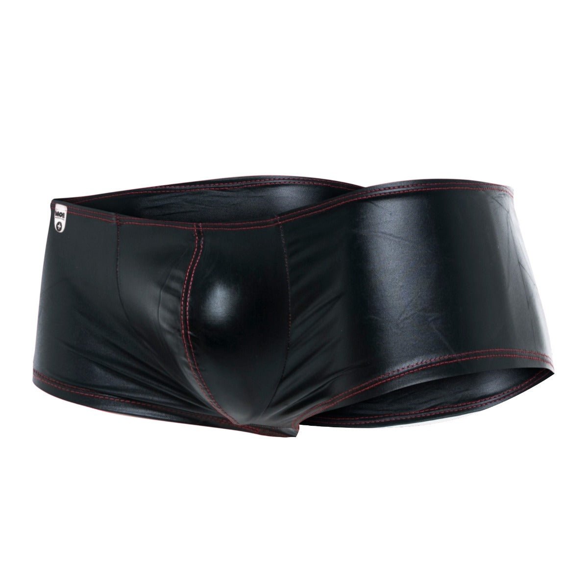 Black patent leather briefs with dark red stitching from mob mirror boxer final sale collection