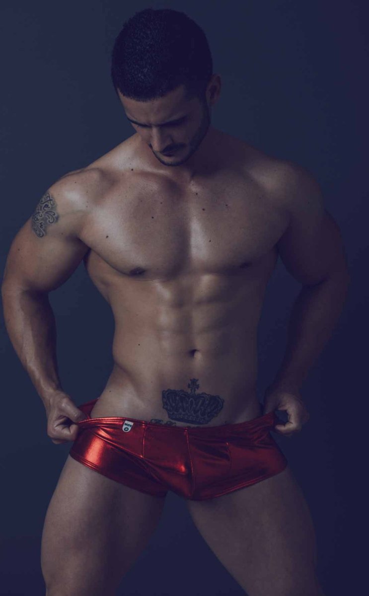 Shiny red metallic mob mirror boxer briefs showcasing sleek reflective fabric for stylish support and comfort