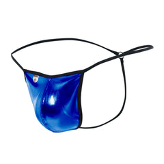 Vibrant blue metallic fabric mob mirror g string thong with black elastic trim and adjustable garter straps