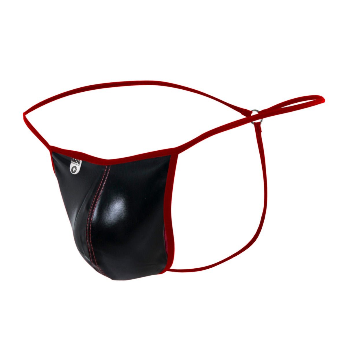 Black and red leather thong MOB Mirror G string with a glossy finish shown from the back side
