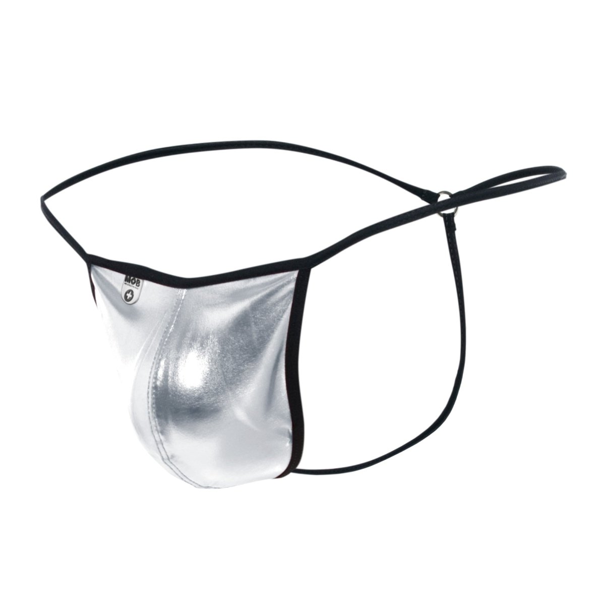 Silver metallic thong with black elastic trim and small brand tag in mob mirror g string design