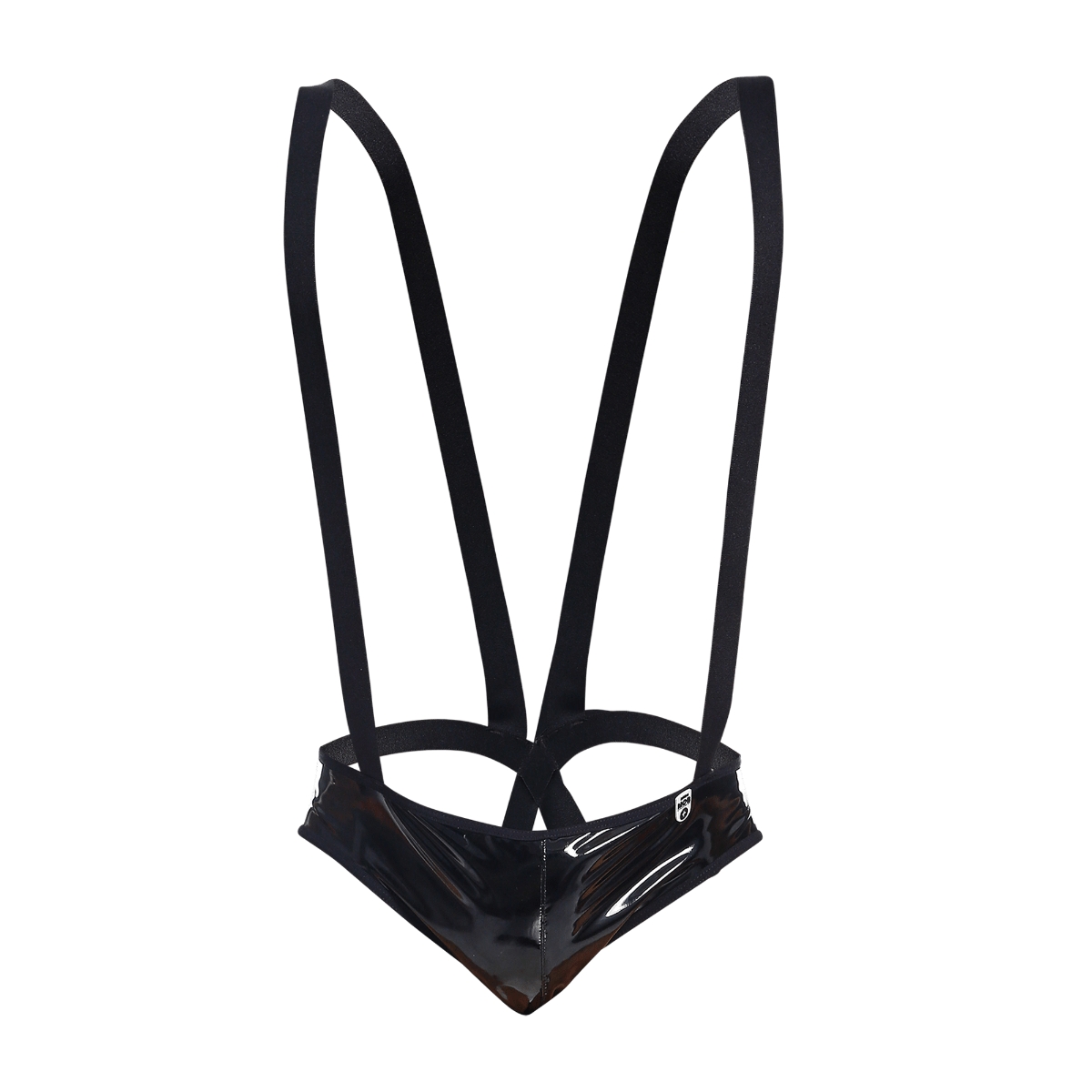 Black patent leather harness with glossy finish and adjustable straps shown from the back in mob open back body final sale