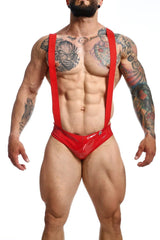 Red glossy latex suspenders with matching briefs shown from the back in the mob open back body final sale set