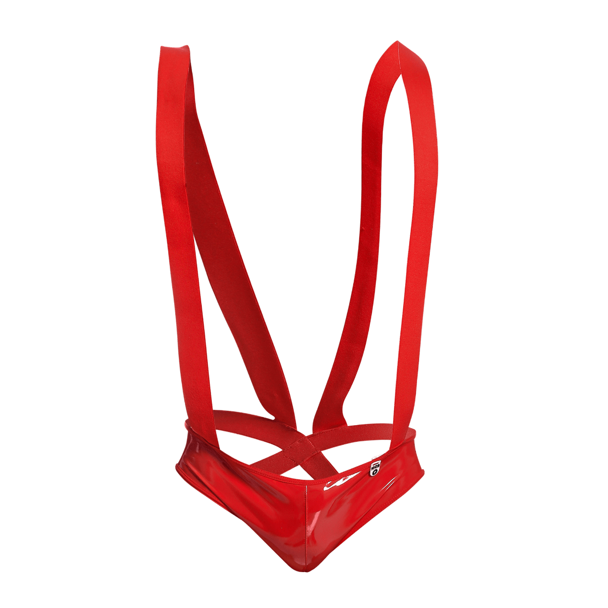 Red glossy plastic harness with wide straps and central cross over design shown from the back in mob open back body final sale