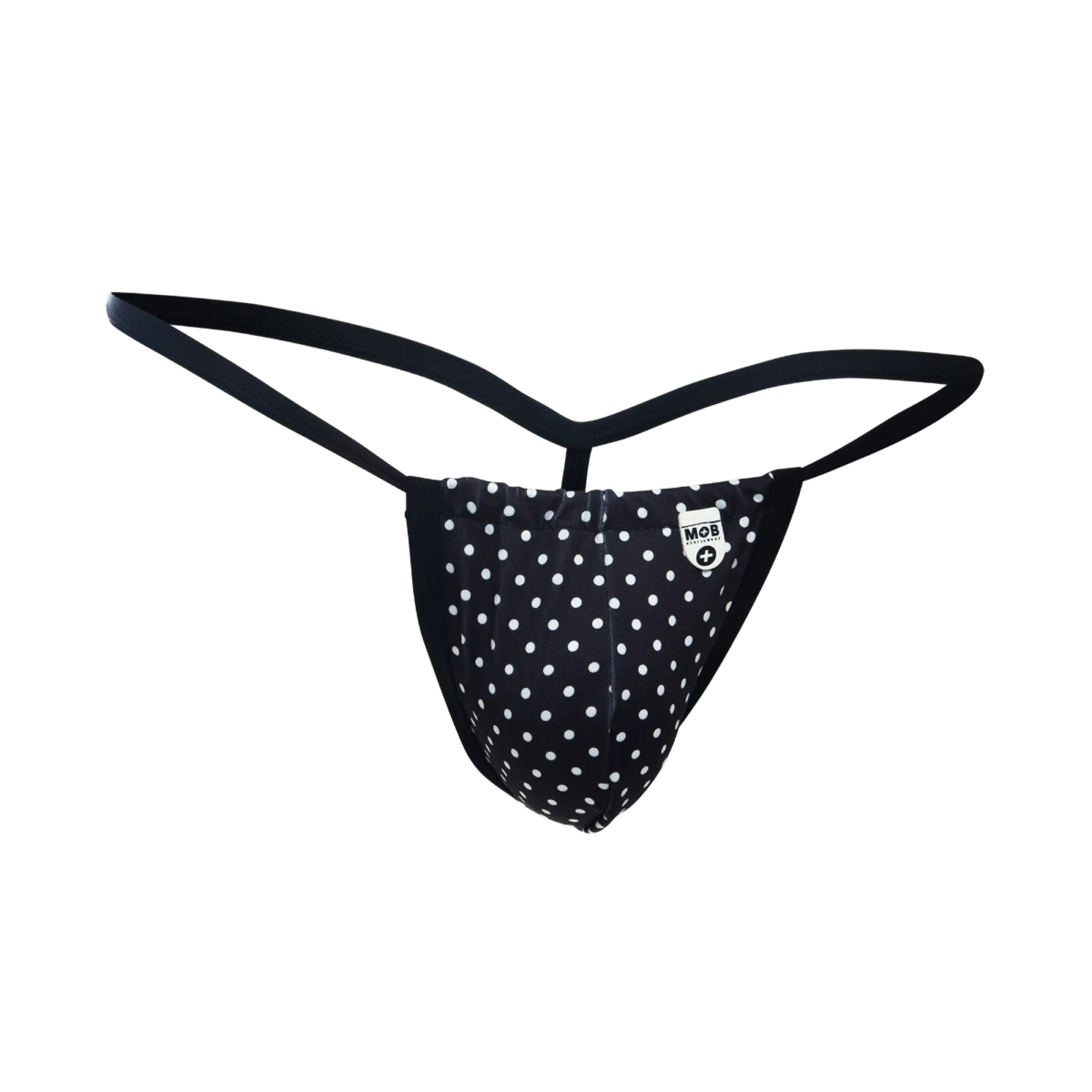 Black polka dot thong with white dots and small mob logo patch on front from the mob print g-string out collection