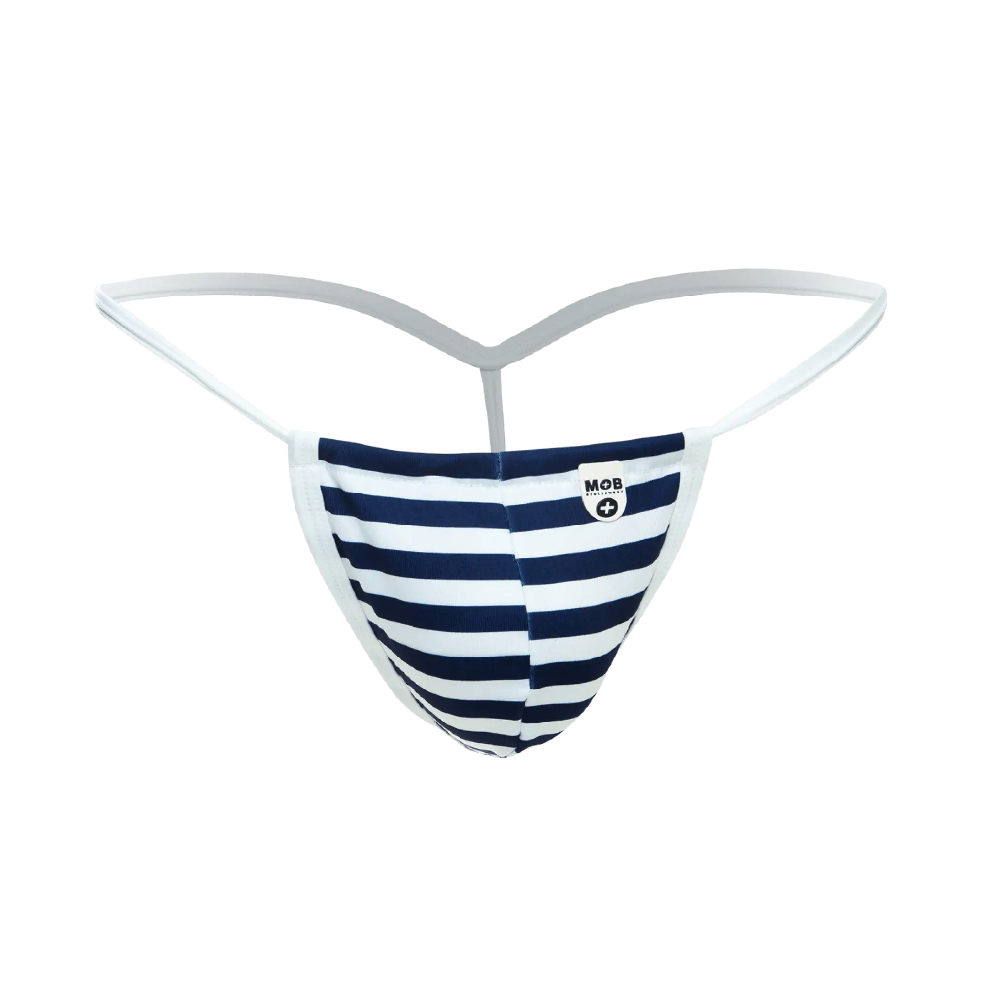 Navy and white striped thong g-string with white elastic waistband in mob print g-string out style shown from the back