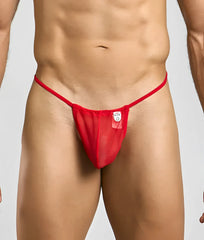 Red mesh thong g-string with a small white label on front from mob print new collection