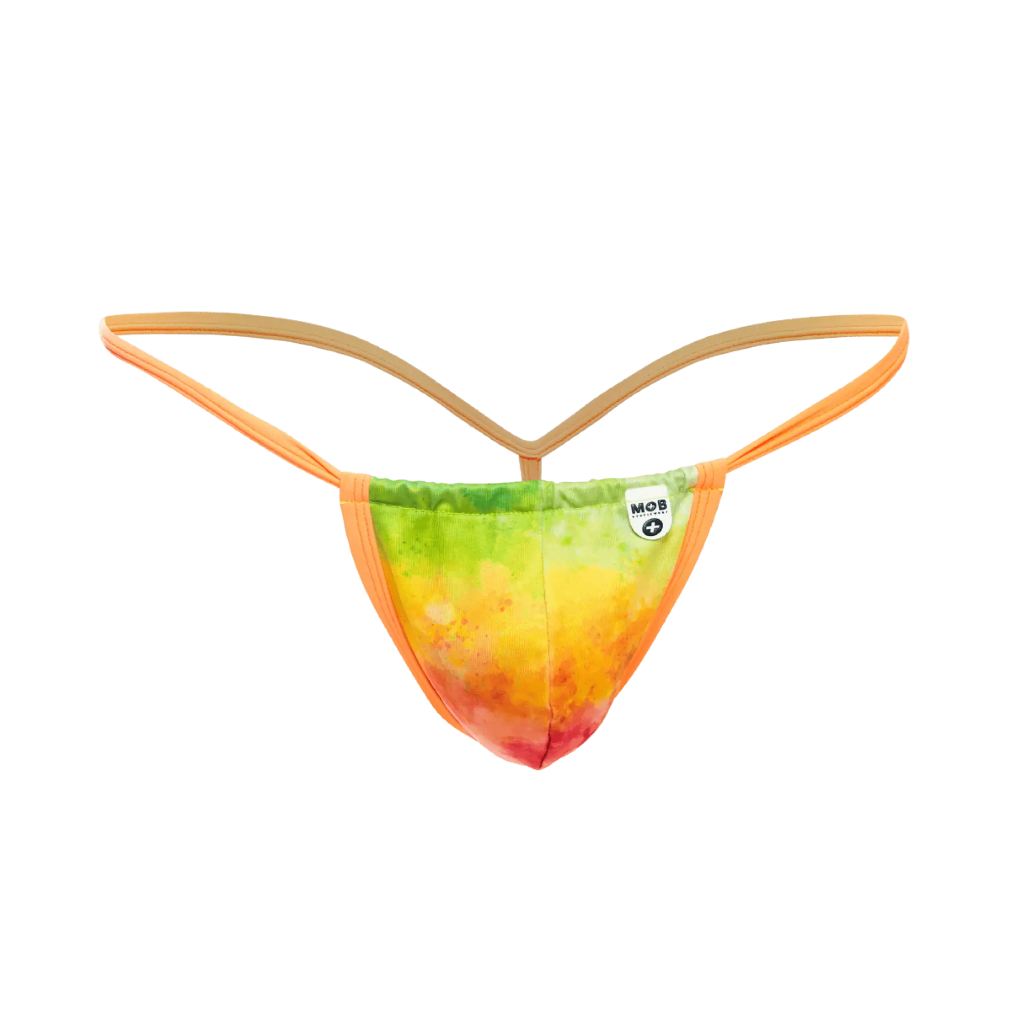 Mob print g-string out vibrant rainbow tie-dye thong with orange elastic straps and soft stretchy fabric finish