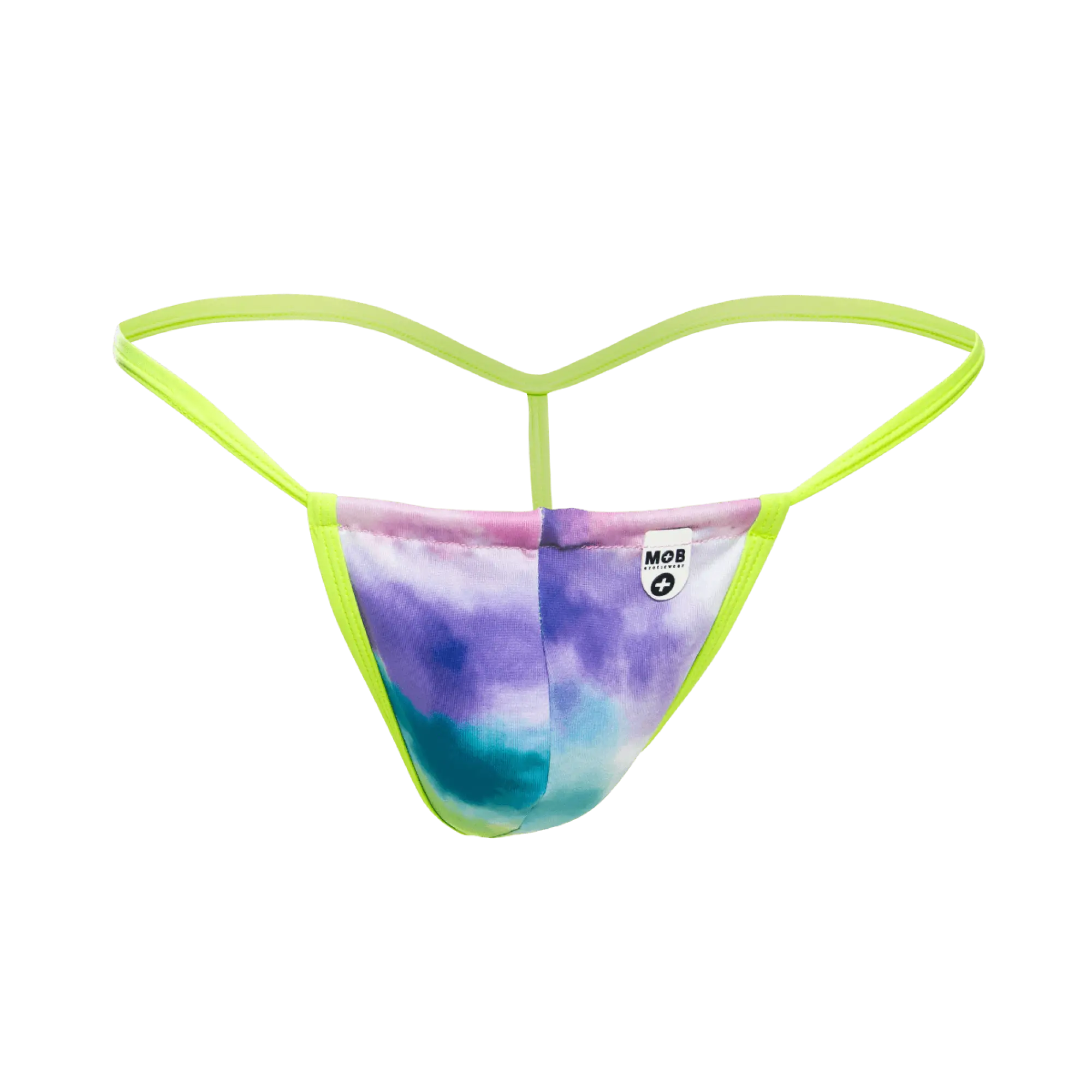 MOB Print G-String out vibrant tie-dye thong with neon green elastic straps and purple blue pink gradient front view