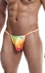 A vibrant tie-dye thong with peach elastic straps in shades of green yellow orange and red from mob print g-string out