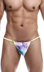 A vibrant tie-dye thong g-string in purple blue and pink with a bright yellow elastic waistband from MOB Print Out