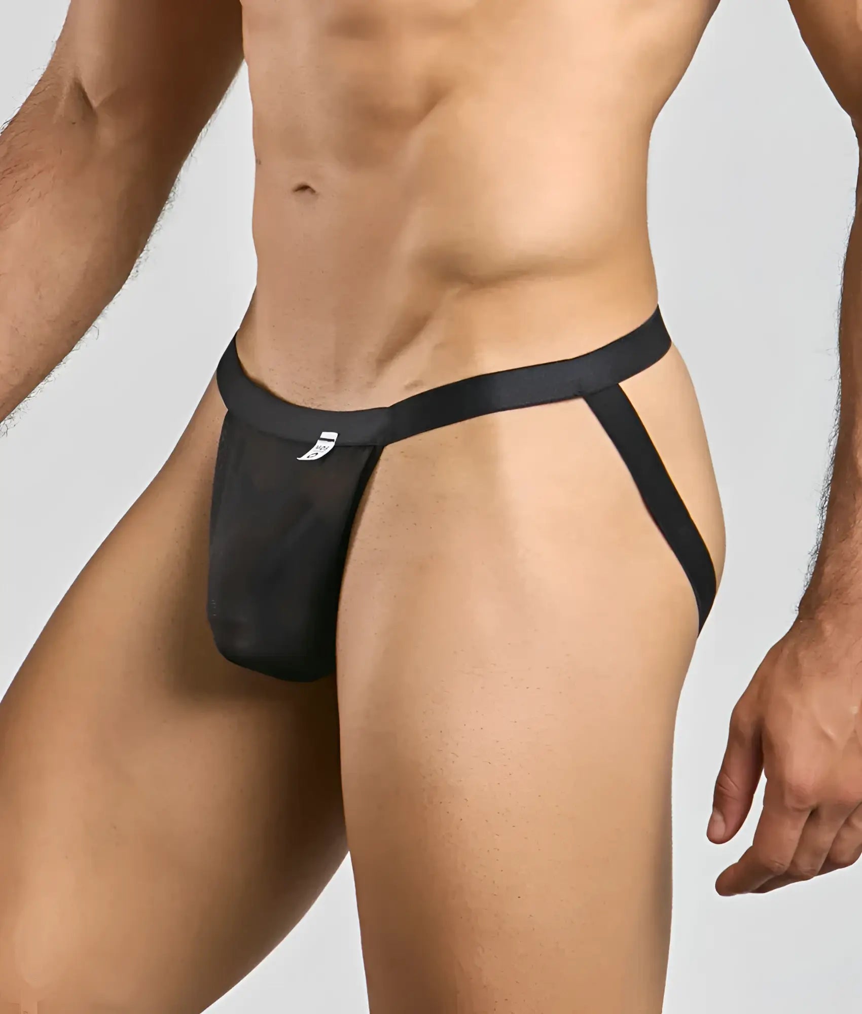 Black mesh briefs from mob sexy mesh and lace jockstrap with sleek minimalist design and small white logo on waistband