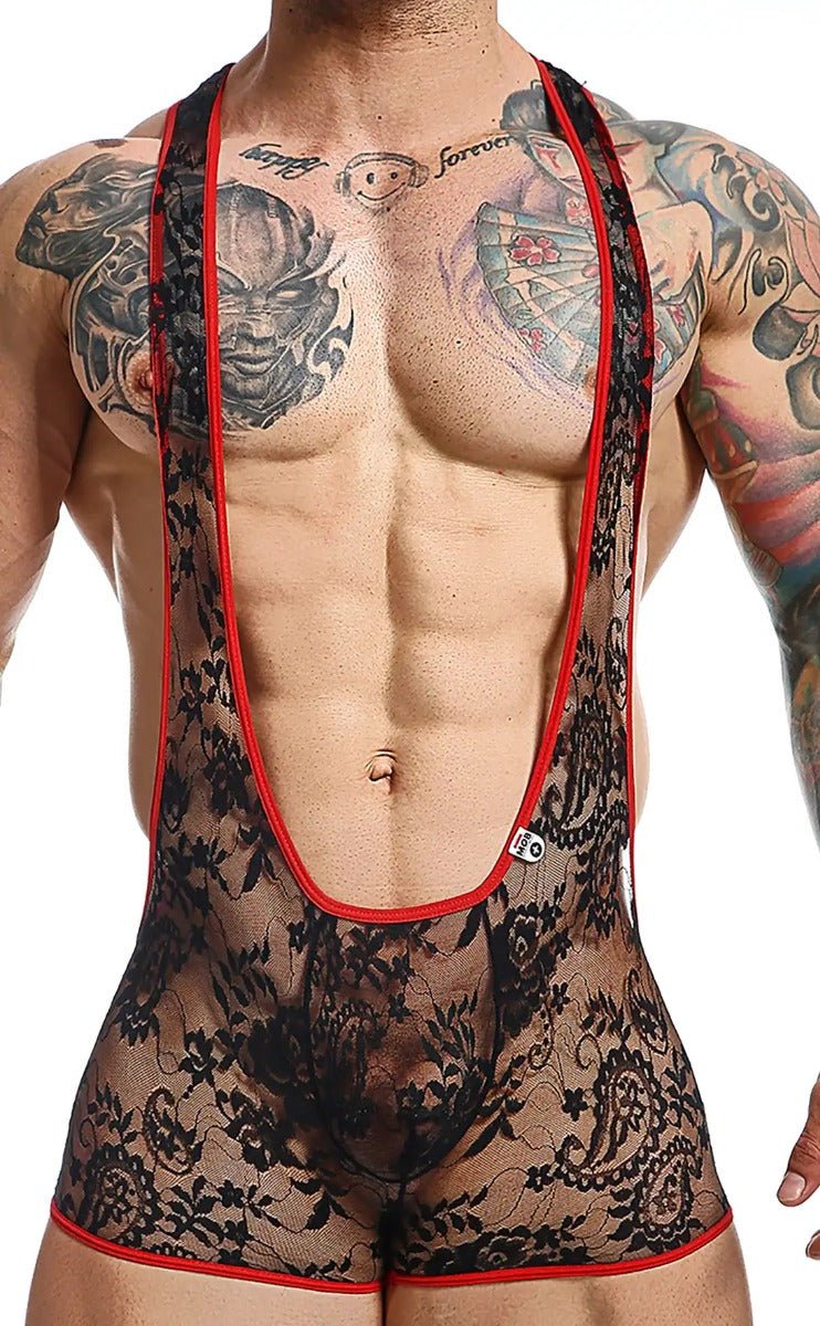 Black lace MOB singlet bodysuit with red trim and intricate floral patterns for elegant lingerie wear
