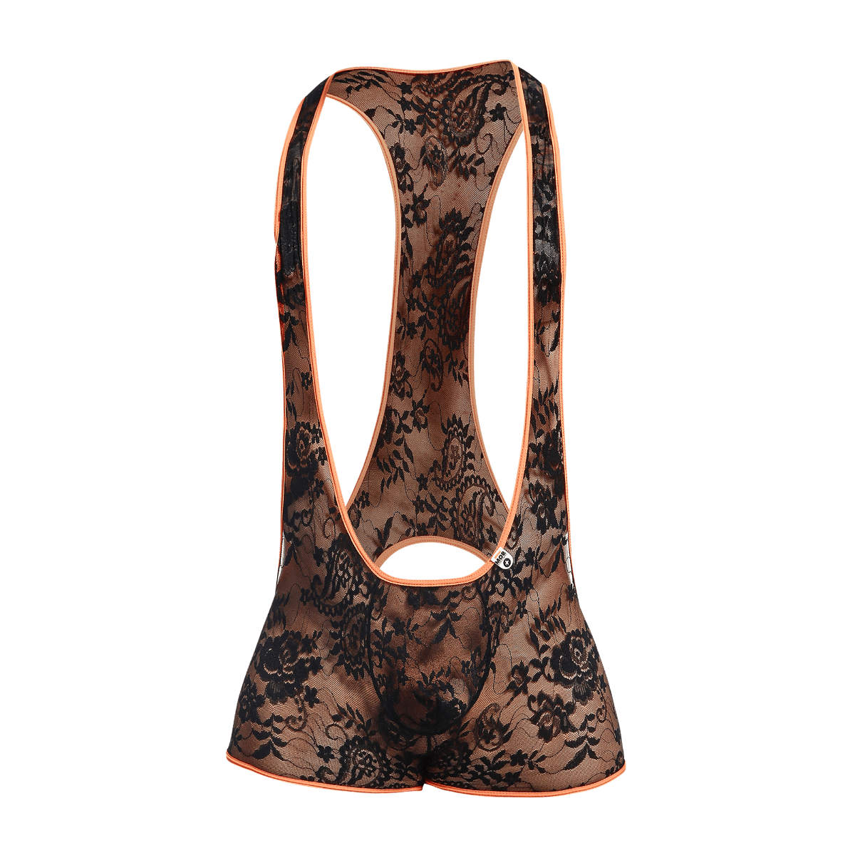 Black floral lace cycling bib shorts with orange trim shown from the back in a mob singlet product image