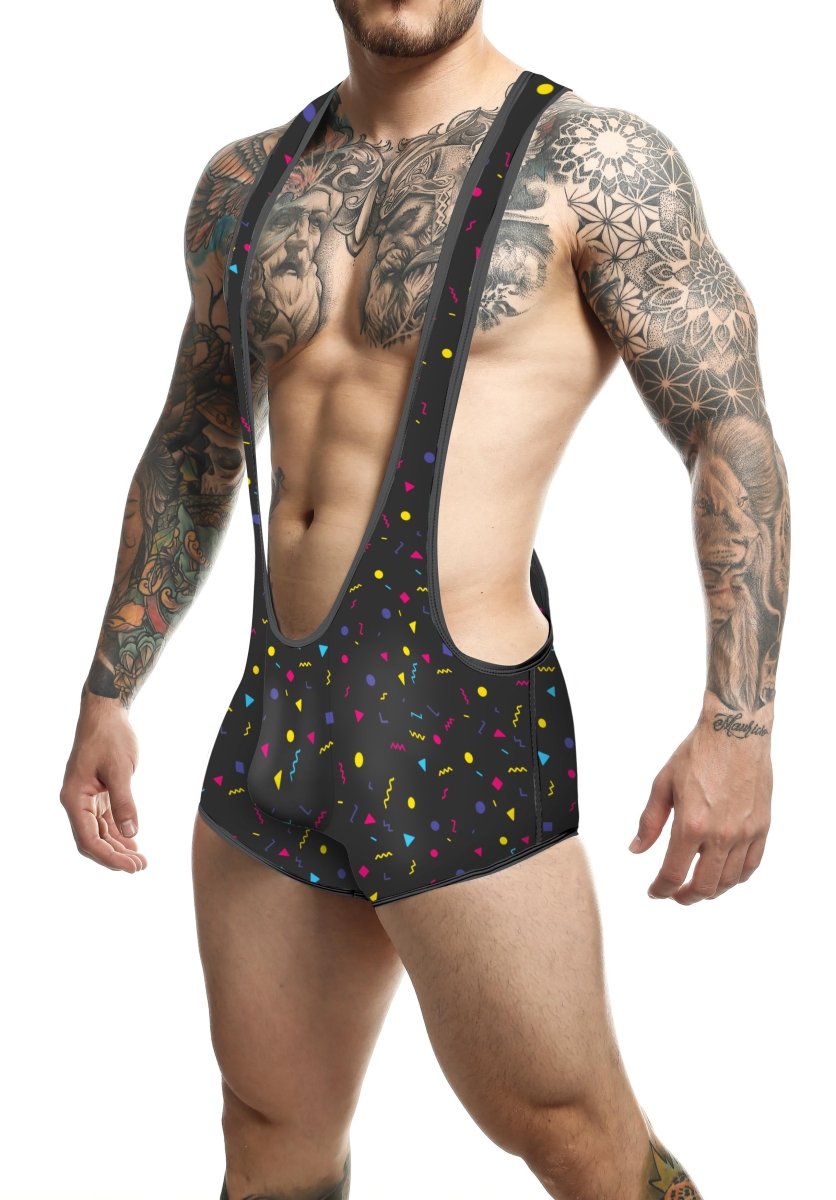 Black men’s suspenders mob singlet with vibrant multicolored confetti pattern in various shapes