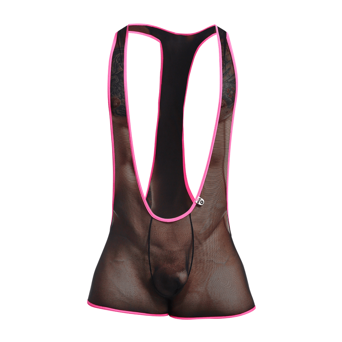 Black mesh cycling bib shorts with vibrant pink trim and lace detailing along the sides from mob singlet