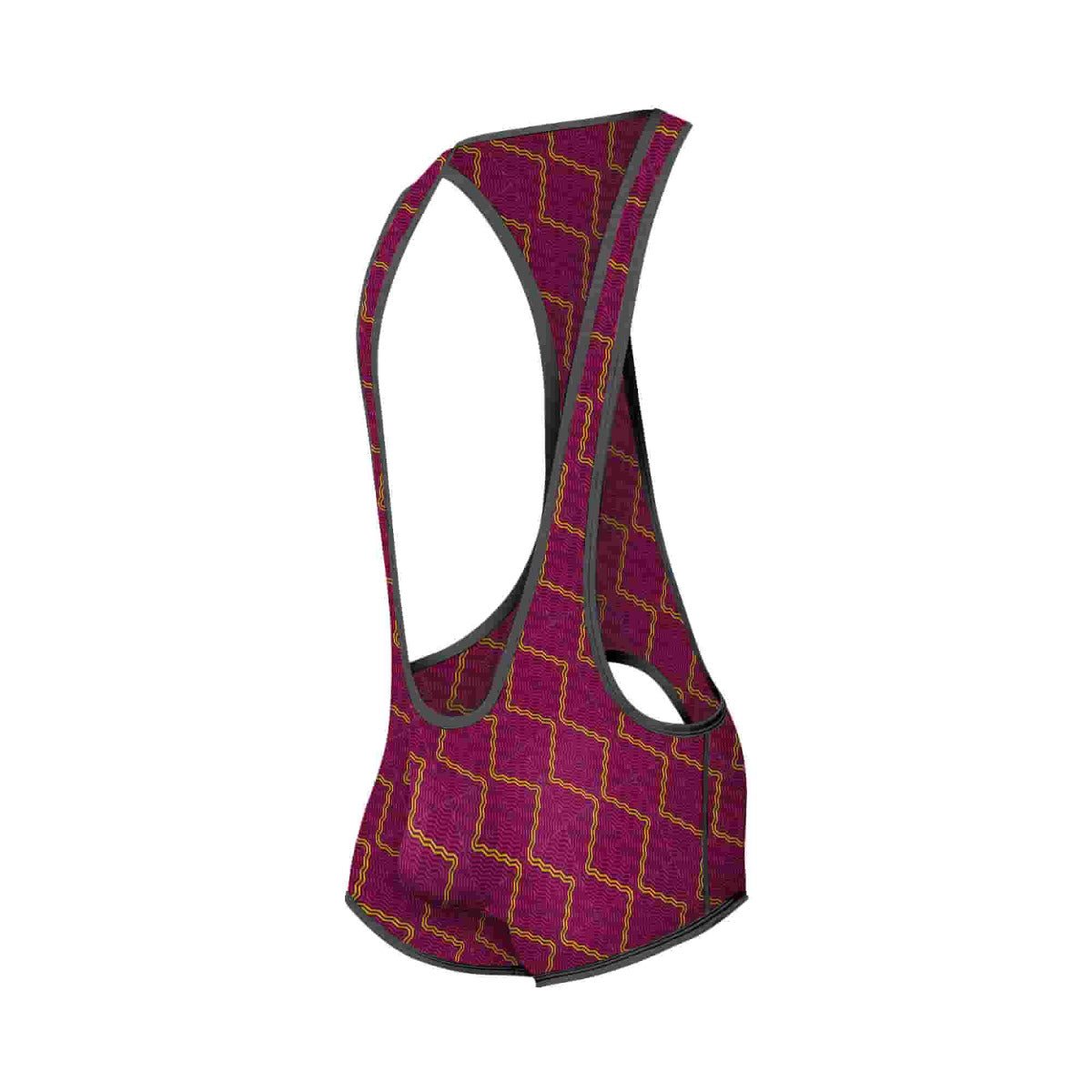 A maroon mob singlet cycling jersey with gold geometric pattern and black trim designed for performance use