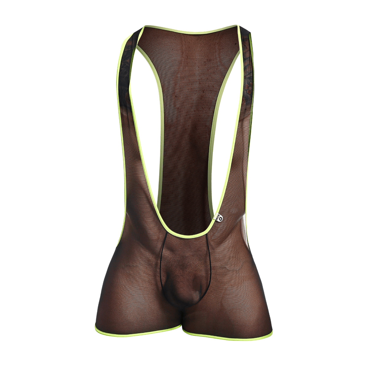 Brown mesh cycling bib shorts with neon yellow trim shown from the back in the mob singlet product image