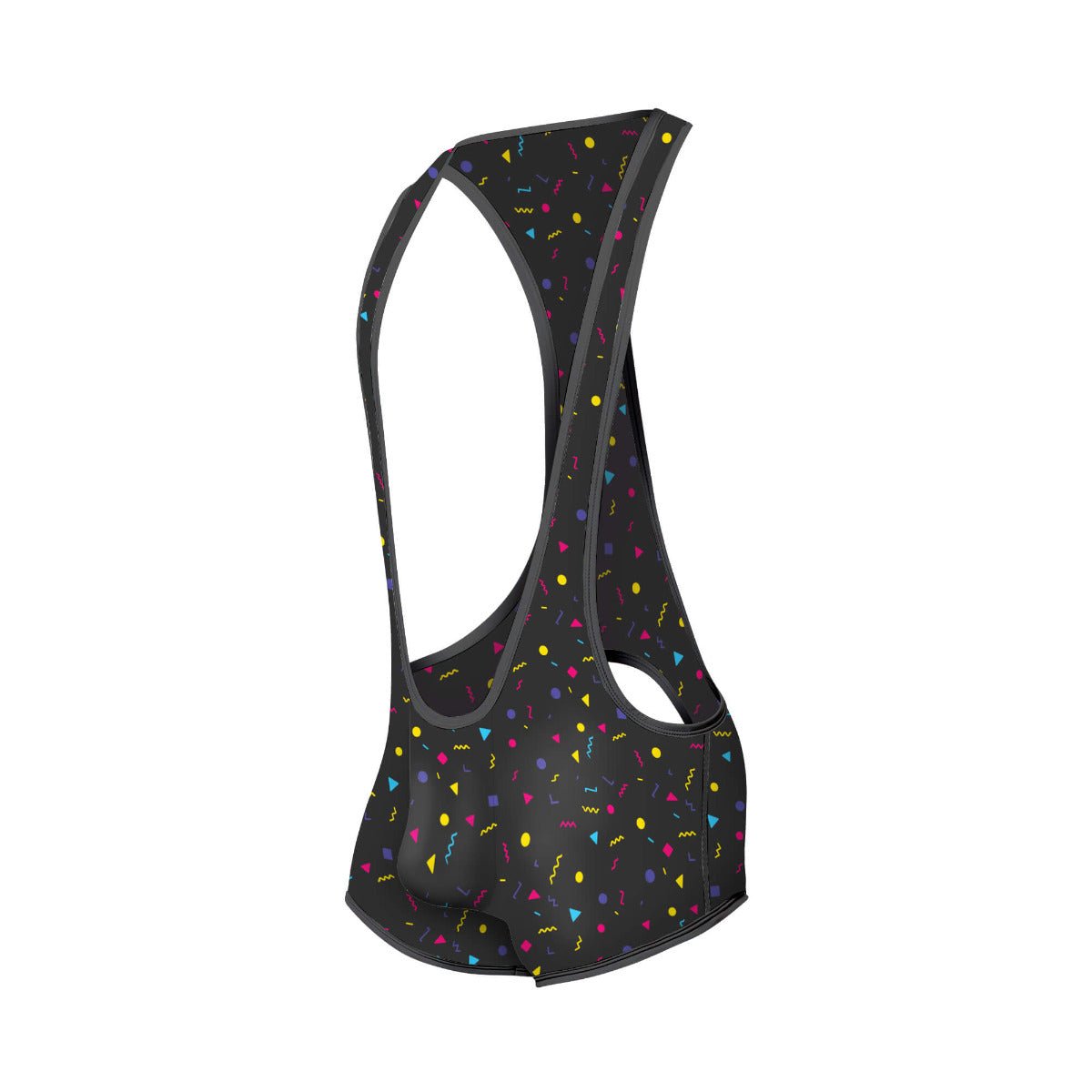 Black cycling bib shorts with vibrant yellow pink blue and purple confetti pattern back view in mob singlet design