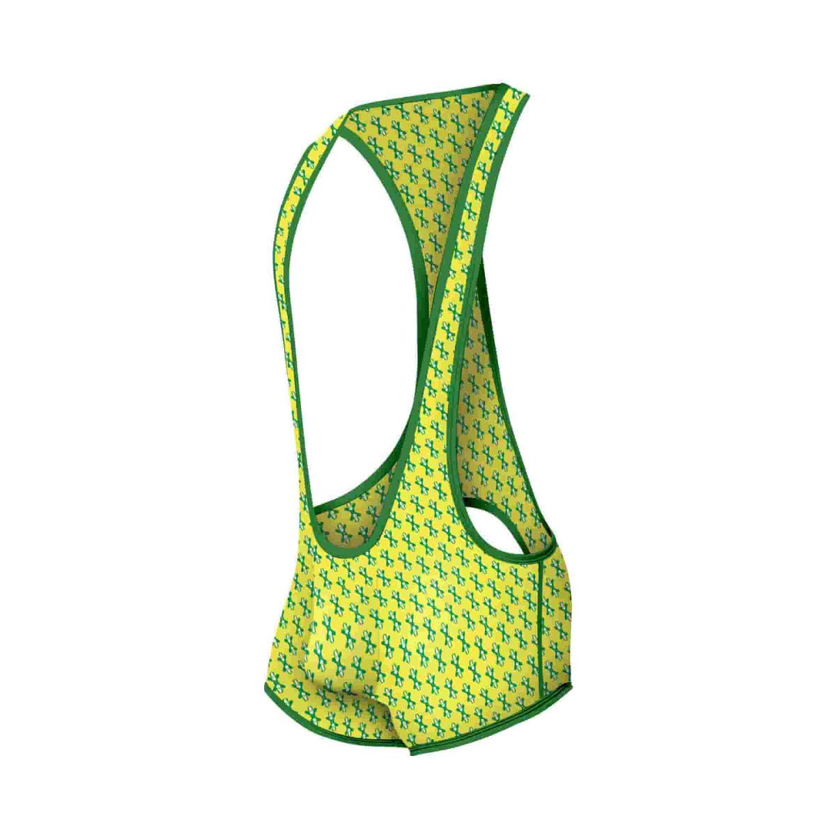 Bright yellow MOB singlet cycling jersey with green crosshatch pattern and matching green trim for road cycling