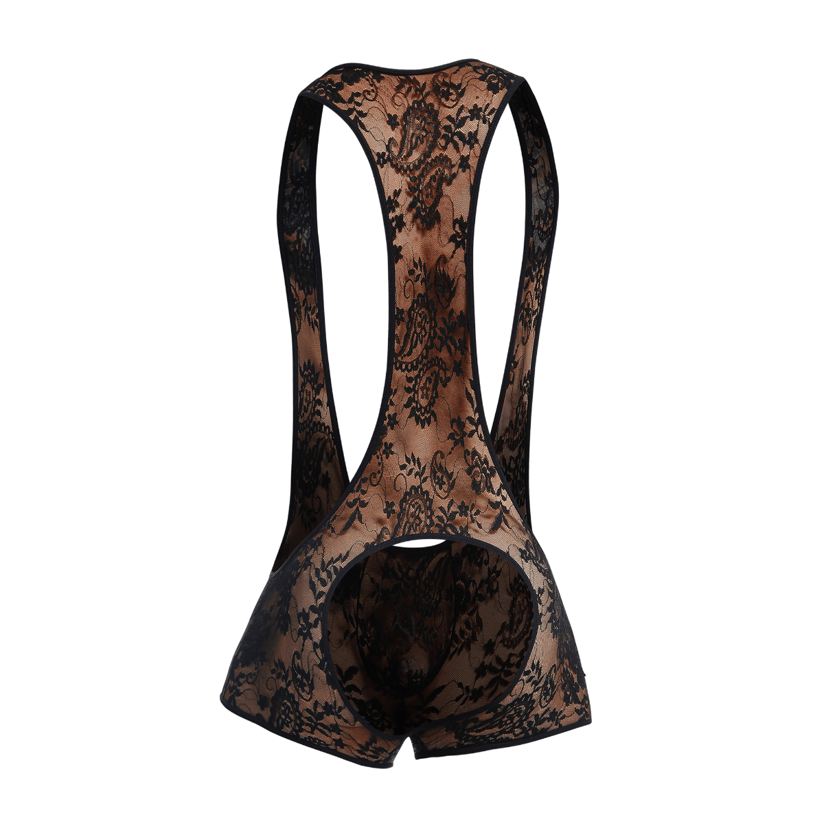 Black lace cycling bib shorts with sheer patterned design shown from the back in the MOB singlet product line