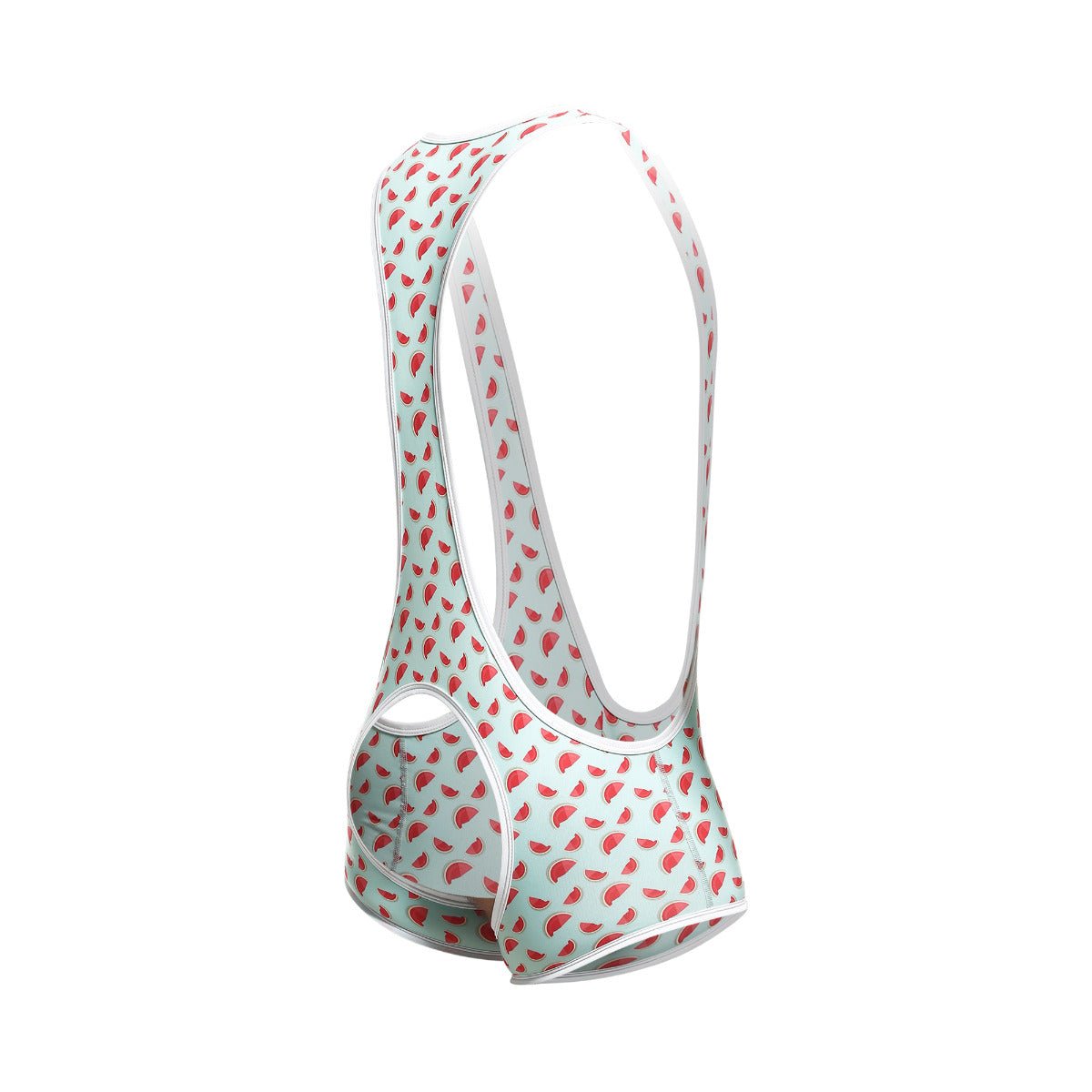 A mint green mob singlet cycling bib short with red watermelon slice pattern and white trim seen from the back