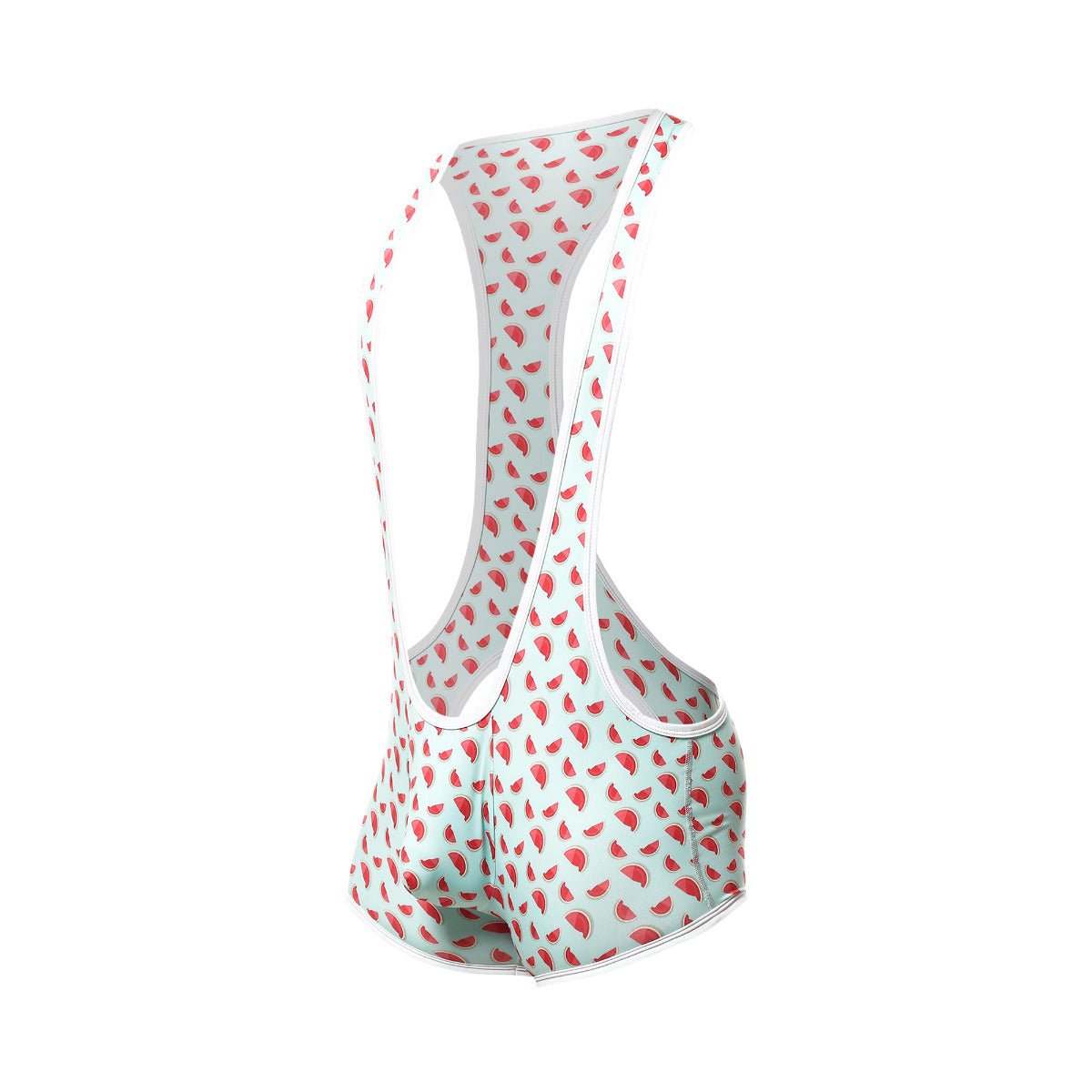 Light blue cycling bib shorts with red watermelon slice pattern and white trim featured in mob singlet product image