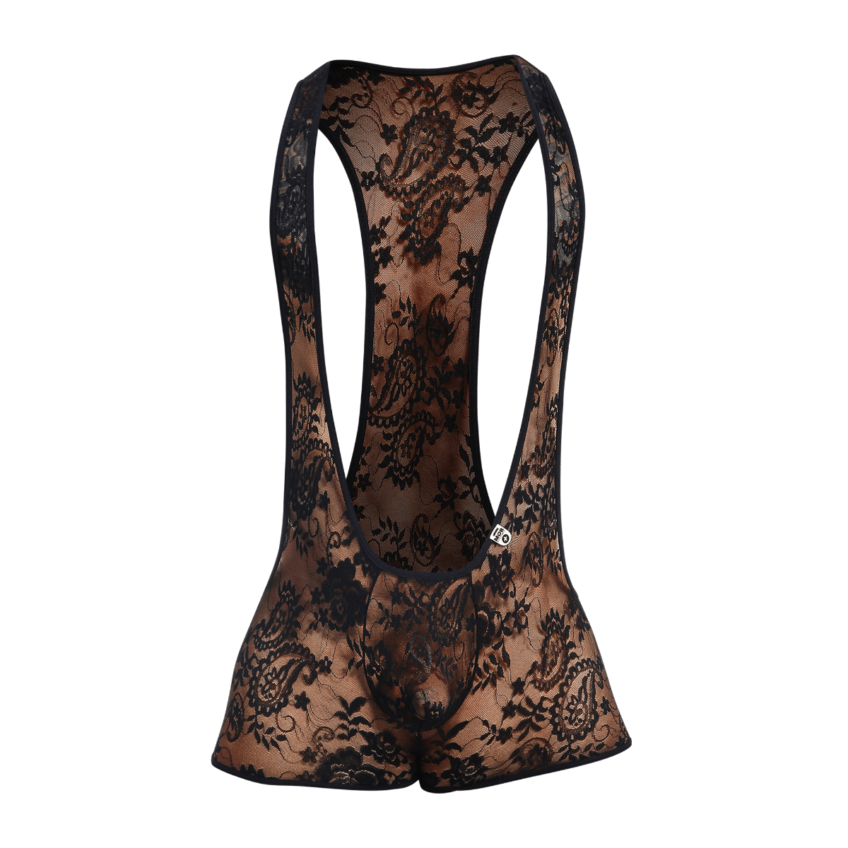 Black lace mob singlet bodysuit with intricate floral patterns and sheer form-fitting design