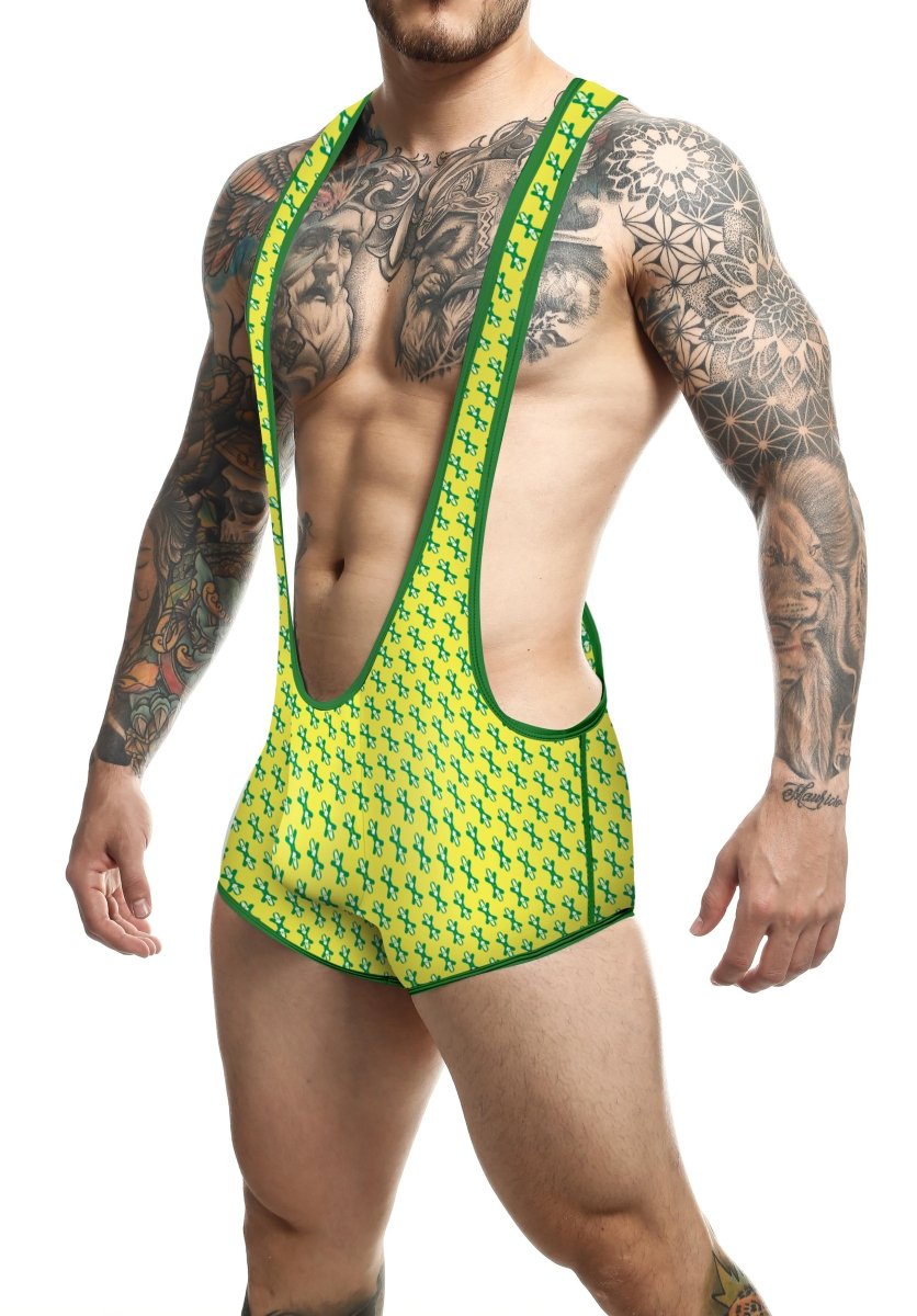 Mob singlet bright green and lime yellow patterned men’s suspenders with bold black crosshatch design
