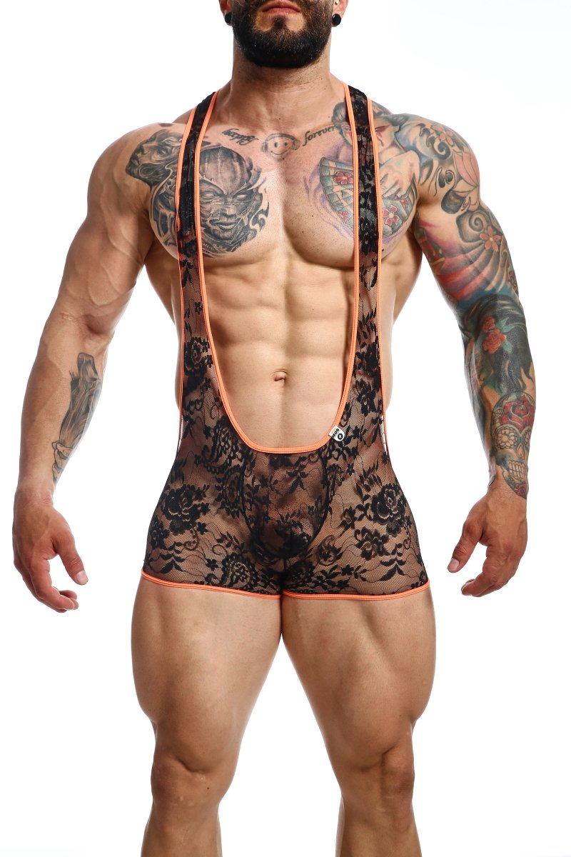 Black lace mob singlet bodysuit with orange trim showcasing delicate lace material and vibrant edging