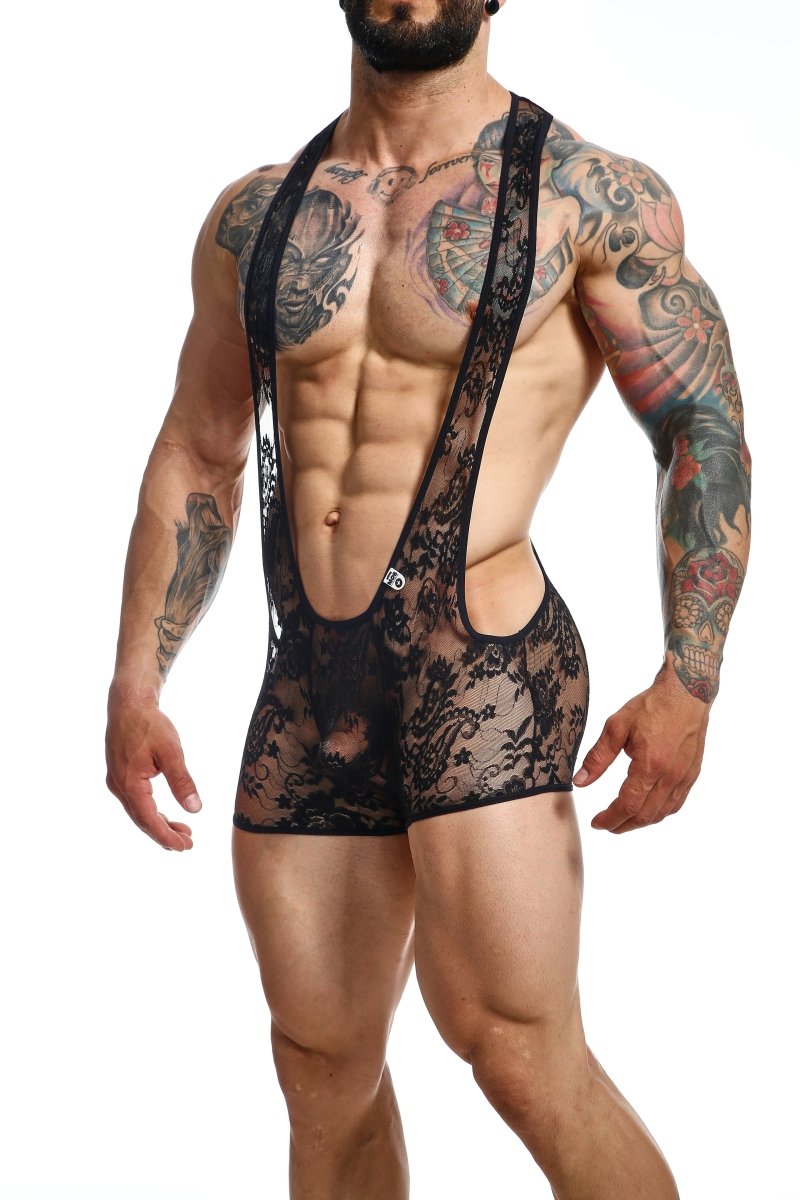 Black lace mob singlet bodysuit with intricate floral patterns and sheer form-fitting design